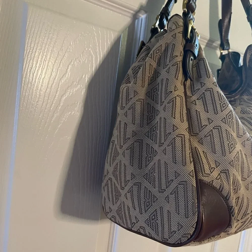 Ralph Lauren Logo Canvas khaki & brown Leather trims Hobo Bag brass hardwares.